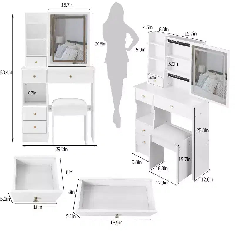 Set Tavolo da Trucco Homy Casa con Specchio Illuminato e Cassetti Contenitore per Camera da Letto o Spogliatoio, Bianco