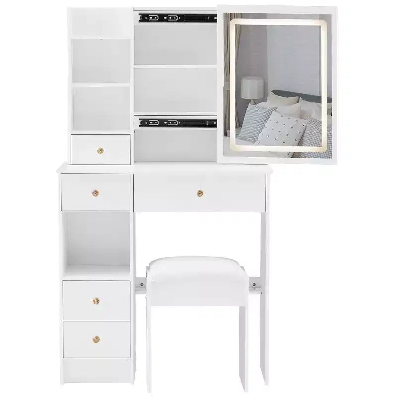 Set Tavolo da Trucco Homy Casa con Specchio Illuminato e Cassetti Contenitore per Camera da Letto o Spogliatoio, Bianco