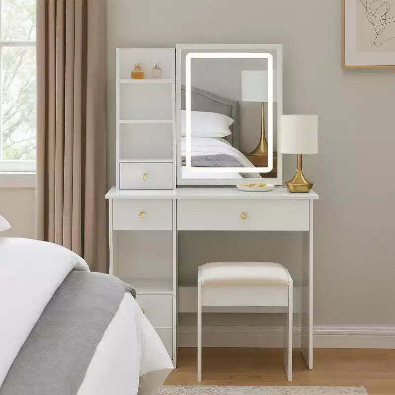 Set Tavolo da Trucco Homy Casa con Specchio Illuminato e Cassetti Contenitore per Camera da Letto o Spogliatoio, Bianco