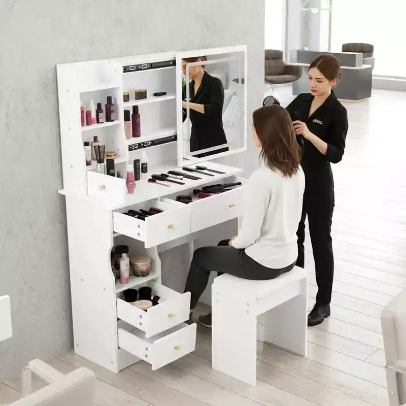 Set Tavolo da Trucco Homy Casa con Specchio Illuminato e Cassetti Contenitore per Camera da Letto o Spogliatoio, Bianco