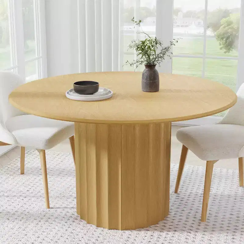 PexFix 52 Tavolo Rotondo da Pranzo in Legno Tavolo da Cucina per 4-6 con Bordo Superiore a Forma di Arco e Base Scanalata per Soggiorno/Sala da Pranzo Caffè Ufficio Naturale