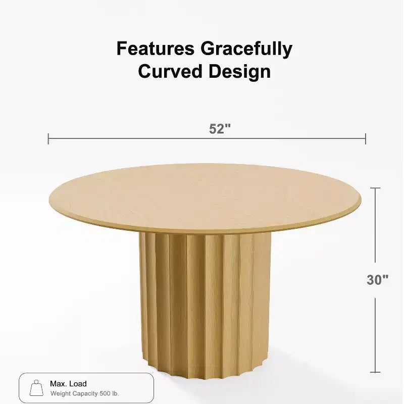 PexFix 52 Tavolo Rotondo da Pranzo in Legno Tavolo da Cucina per 4-6 con Bordo Superiore a Forma di Arco e Base Scanalata per Soggiorno/Sala da Pranzo Caffè Ufficio Naturale