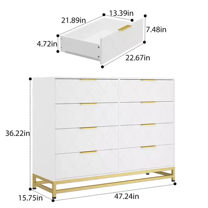 Comò a 8 cassetti per camera da letto, Comò in legno con maniglie in metallo e 8 cassetti, Cassettiera in legno per organizzazione e stoccaggio domestico