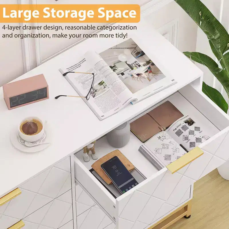 Comò a 8 cassetti per camera da letto, Comò in legno con maniglie in metallo e 8 cassetti, Cassettiera in legno per organizzazione e stoccaggio domestico