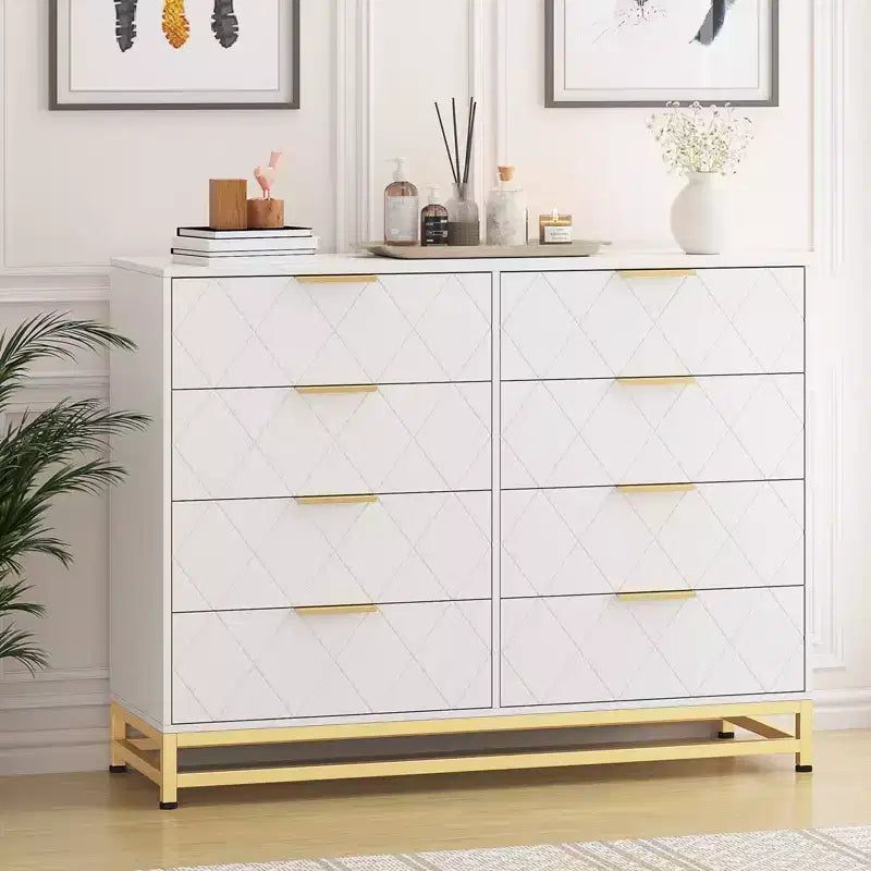 Comò a 8 cassetti per camera da letto, Comò in legno con maniglie in metallo e 8 cassetti, Cassettiera in legno per organizzazione e stoccaggio domestico