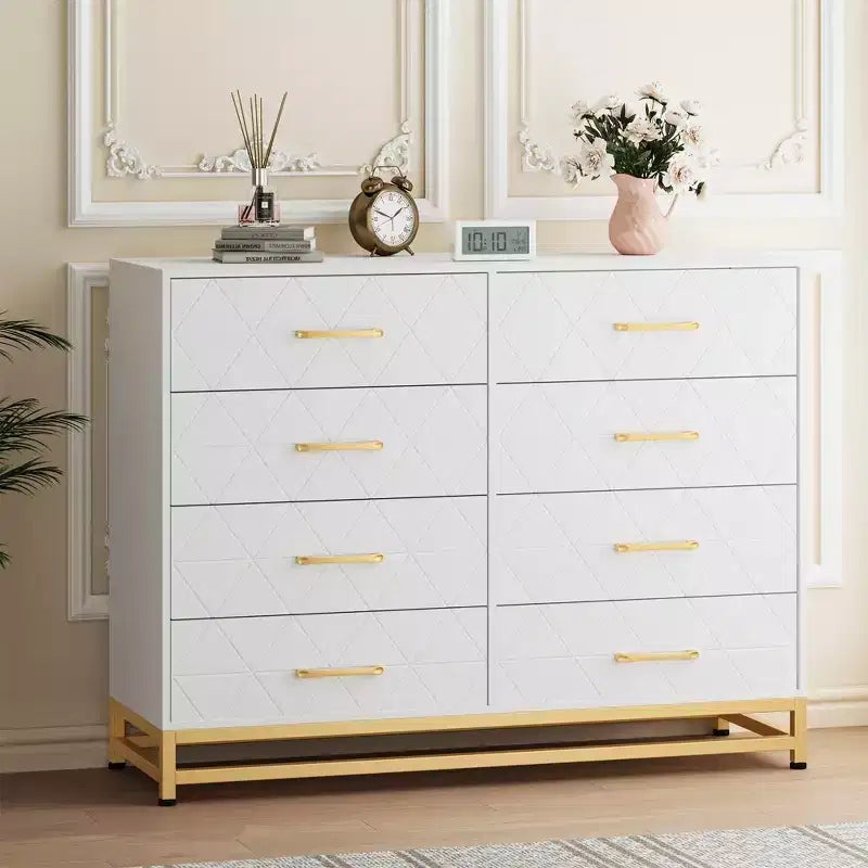 Comò a 8 cassetti per camera da letto, Comò in legno con maniglie in metallo e 8 cassetti, Cassettiera in legno per organizzazione e stoccaggio domestico