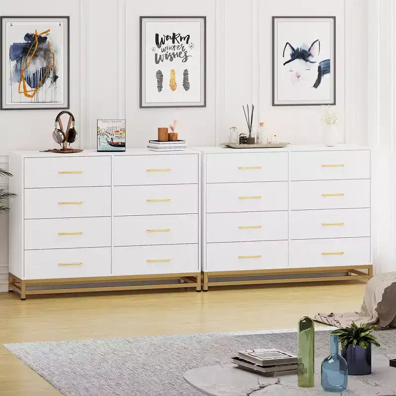Comò a 8 cassetti per camera da letto, Comò in legno con maniglie in metallo e 8 cassetti, Cassettiera in legno per organizzazione e stoccaggio domestico