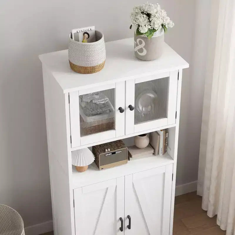 50 Mobile Alto da Cucina con Ante in Vetro e Ripiani Regolabili per Cucina, Dispensa, Soggiorno, Bianco