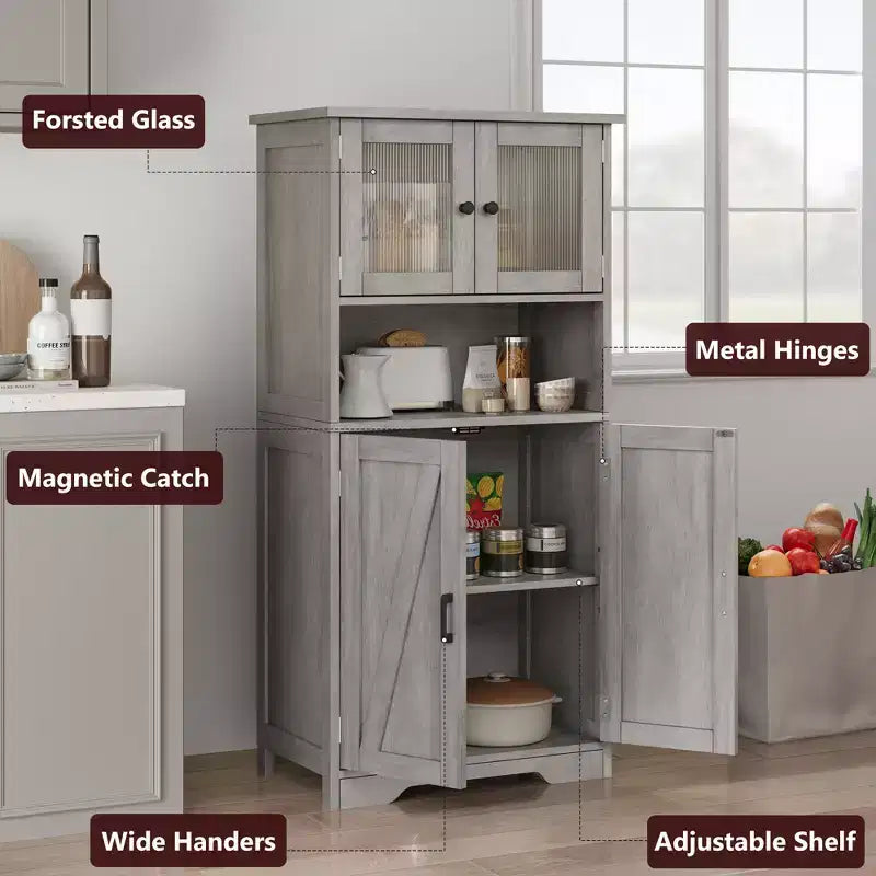 50 Mobile Alto da Cucina con Ante in Vetro e Ripiani Regolabili per Cucina, Dispensa, Soggiorno, Bianco