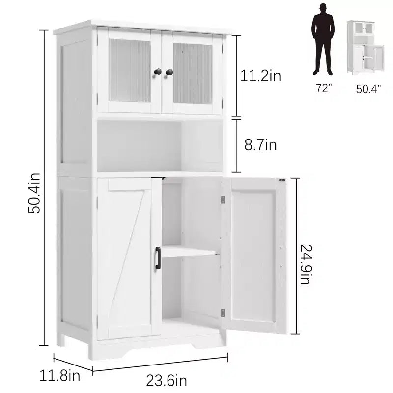 50 Mobile Alto da Cucina con Ante in Vetro e Ripiani Regolabili per Cucina, Dispensa, Soggiorno, Bianco