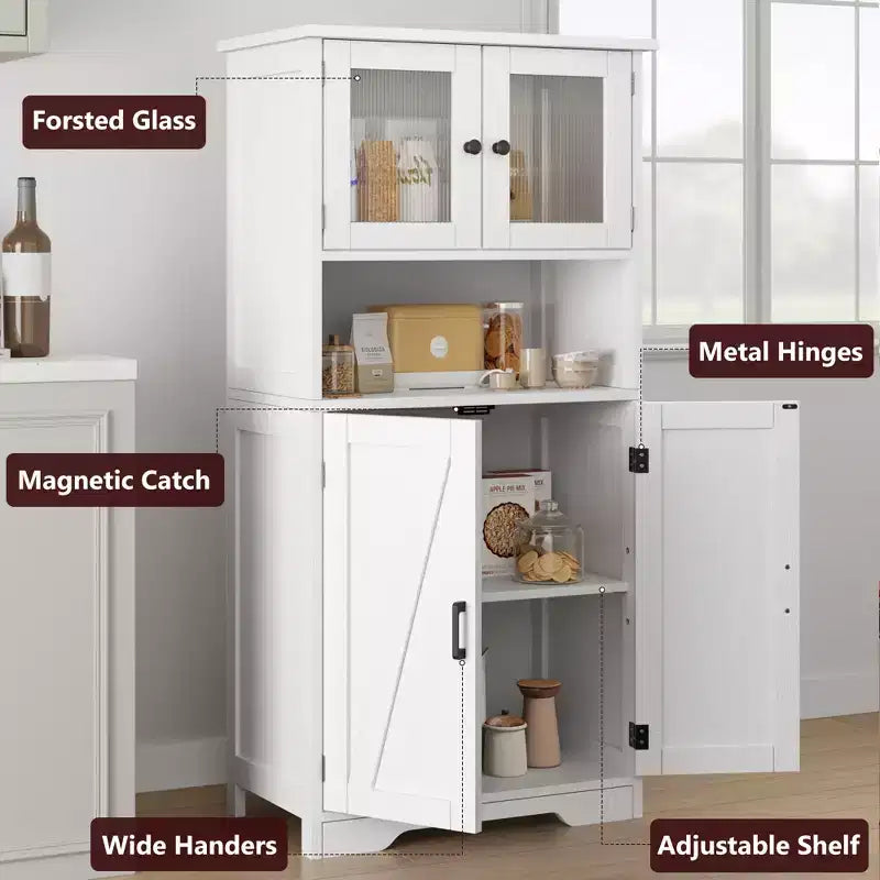 50 Mobile Alto da Cucina con Ante in Vetro e Ripiani Regolabili per Cucina, Dispensa, Soggiorno, Bianco