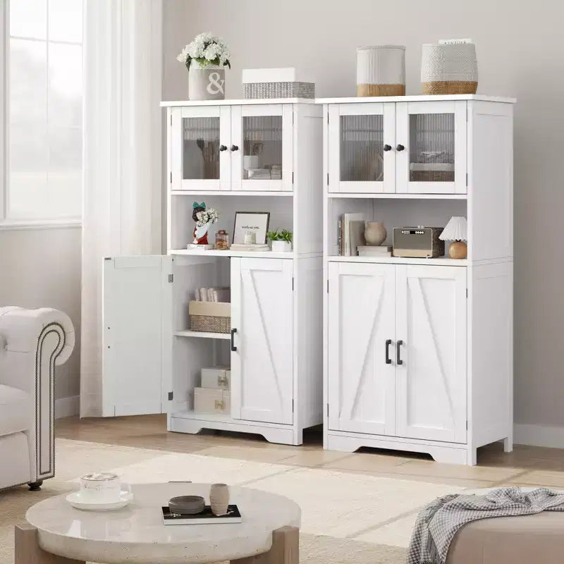 50 Mobile Alto da Cucina con Ante in Vetro e Ripiani Regolabili per Cucina, Dispensa, Soggiorno, Bianco