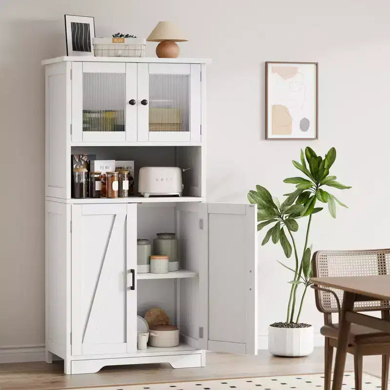 50 Mobile Alto da Cucina con Ante in Vetro e Ripiani Regolabili per Cucina, Dispensa, Soggiorno, Bianco