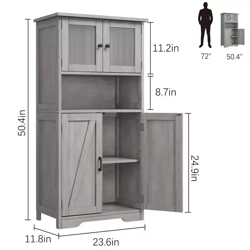 50 Mobile Alto da Cucina con Ante in Vetro e Ripiani Regolabili per Cucina, Dispensa, Soggiorno, Bianco