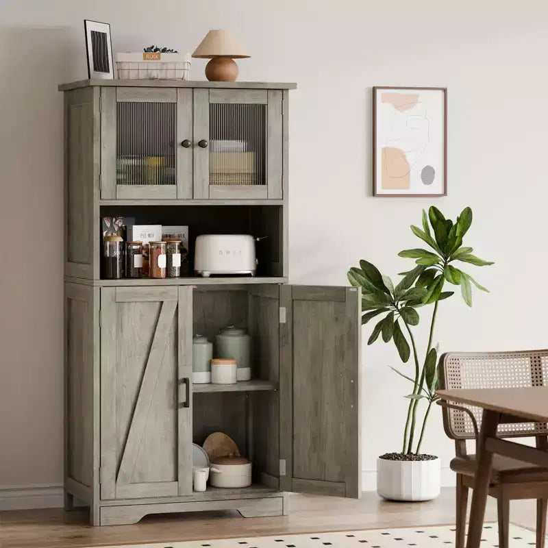 50 Mobile Alto da Cucina con Ante in Vetro e Ripiani Regolabili per Cucina, Dispensa, Soggiorno, Bianco