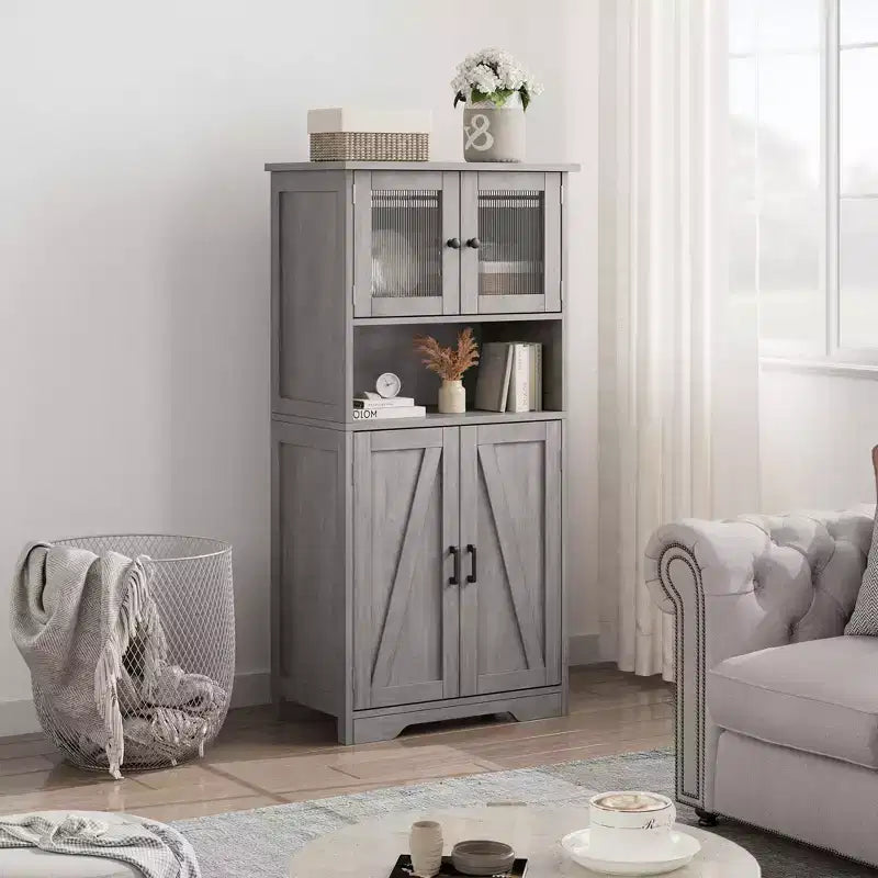 50 Mobile Alto da Cucina con Ante in Vetro e Ripiani Regolabili per Cucina, Dispensa, Soggiorno, Bianco