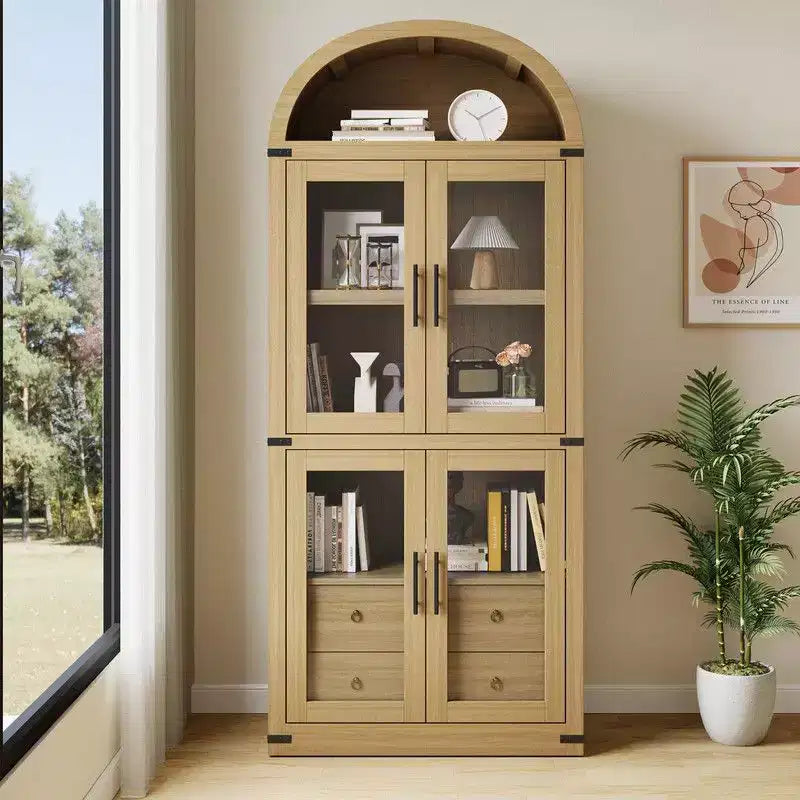 Coolmee Scaffale ad Arco con Ante e Cassetti, Scaffali Espositivi in Stile Rustico, Libreria Alta 181 cm in Legno Arrotondata