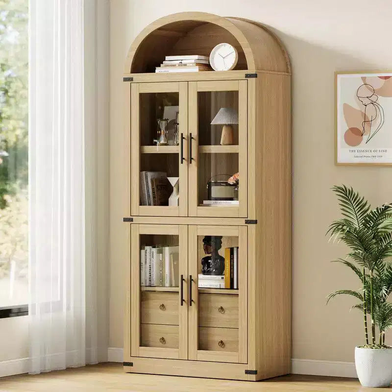 Coolmee Scaffale ad Arco con Ante e Cassetti, Scaffali Espositivi in Stile Rustico, Libreria Alta 181 cm in Legno Arrotondata