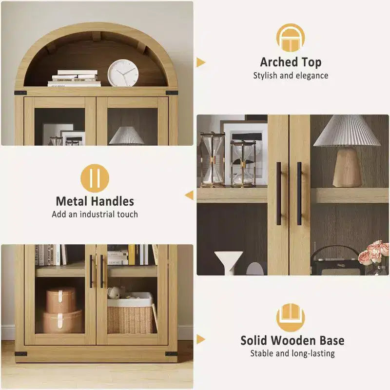 Coolmee Scaffale ad Arco con Ante e Cassetti, Scaffali Espositivi in Stile Rustico, Libreria Alta 181 cm in Legno Arrotondata