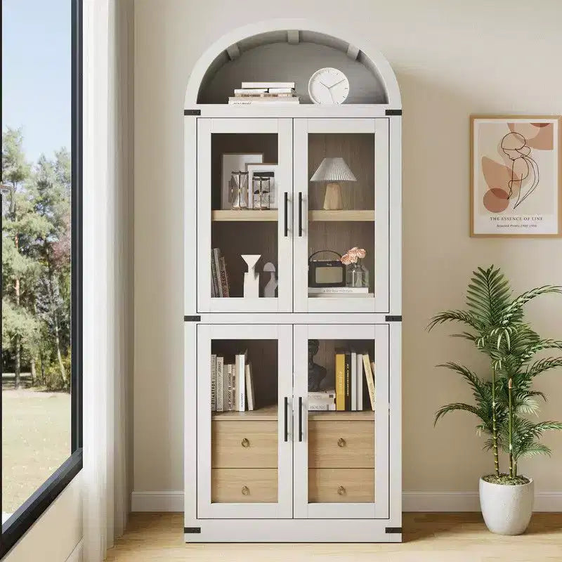 Coolmee Scaffale ad Arco con Ante e Cassetti, Scaffali Espositivi in Stile Rustico, Libreria Alta 181 cm in Legno Arrotondata