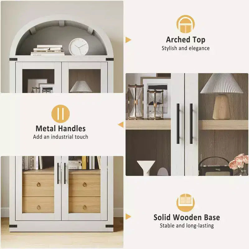 Coolmee Scaffale ad Arco con Ante e Cassetti, Scaffali Espositivi in Stile Rustico, Libreria Alta 181 cm in Legno Arrotondata