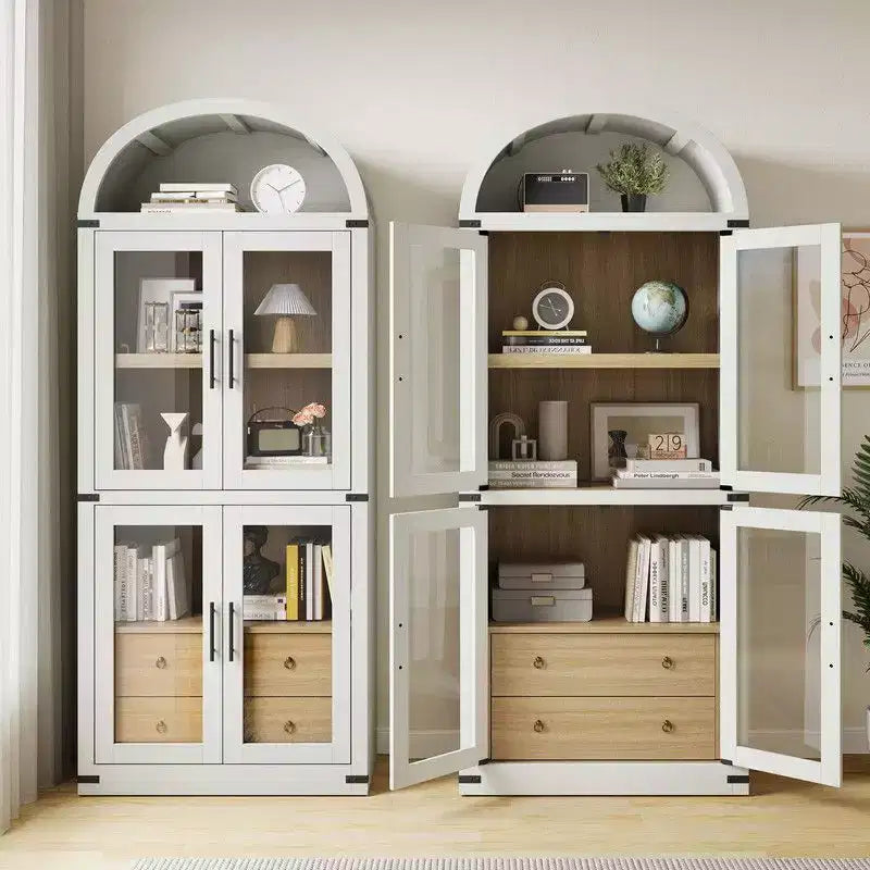Coolmee Scaffale ad Arco con Ante e Cassetti, Scaffali Espositivi in Stile Rustico, Libreria Alta 181 cm in Legno Arrotondata