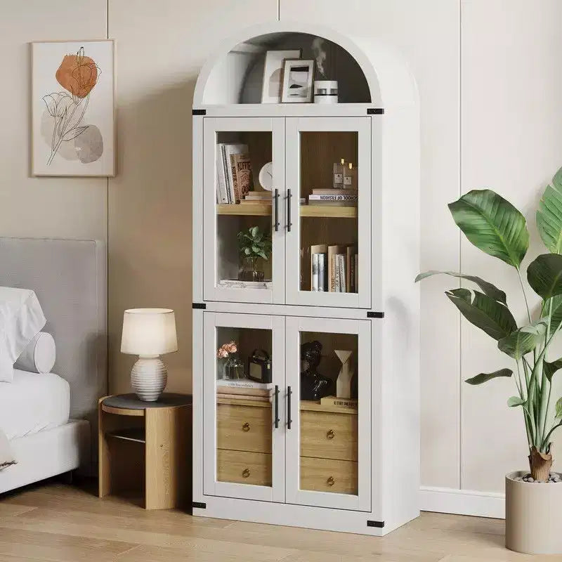 Coolmee Scaffale ad Arco con Ante e Cassetti, Scaffali Espositivi in Stile Rustico, Libreria Alta 181 cm in Legno Arrotondata