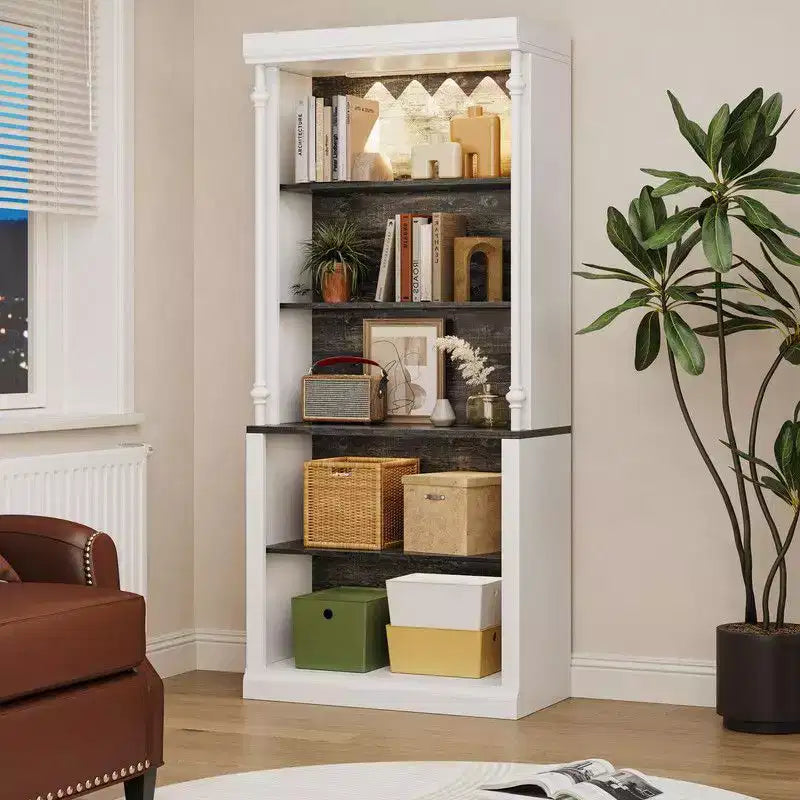 Coolmee Bookshelf with Adjustable Shelves, 5 Tier Display Cabinet with LED Light, Freestanding Display Case for Collectibles Bedroom Living Room