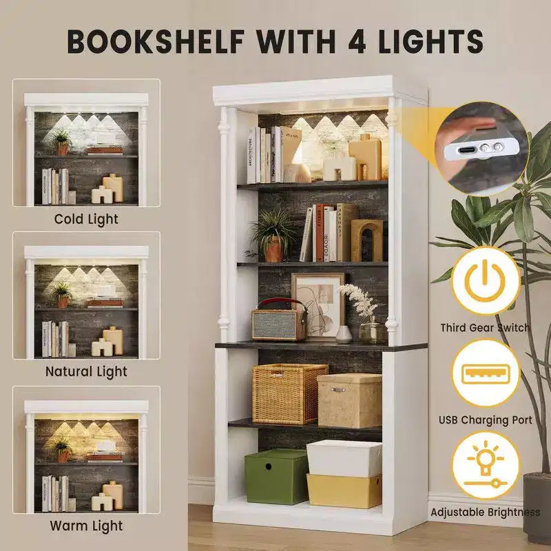 Libreria Coolmee con Ripiani Regolabili, Vetrinetta a 5 Livelli con Luce a LED, Vetrina Espositiva Indipendente per Collezionismo Camera da Letto Soggiorno
