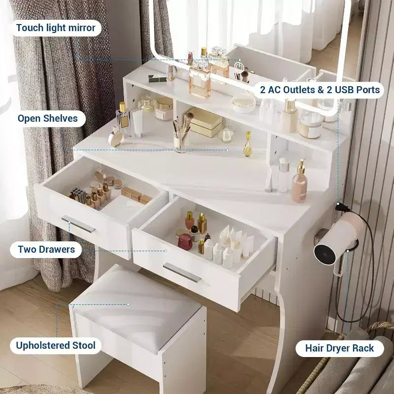 COZONY Toeletta Trucco con Specchio e Luci, Tavolo da Trucco per Ragazze con Cassetti, Scaffali Aperti e Sgabello Imbottito, Tavolino da Toeletta in Legno per Camera da Letto