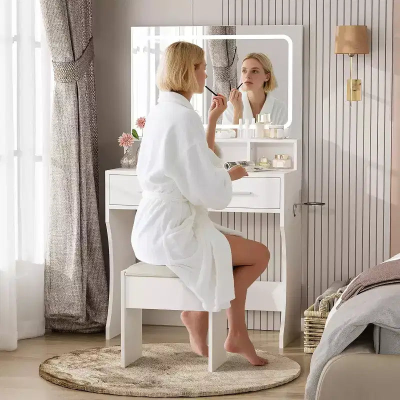COZONY Toeletta Trucco con Specchio e Luci, Tavolo da Trucco per Ragazze con Cassetti, Scaffali Aperti e Sgabello Imbottito, Tavolino da Toeletta in Legno per Camera da Letto