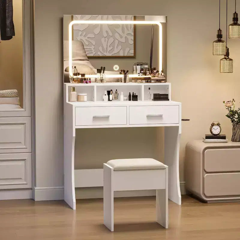 COZONY Toeletta Trucco con Specchio e Luci, Tavolo da Trucco per Ragazze con Cassetti, Scaffali Aperti e Sgabello Imbottito, Tavolino da Toeletta in Legno per Camera da Letto