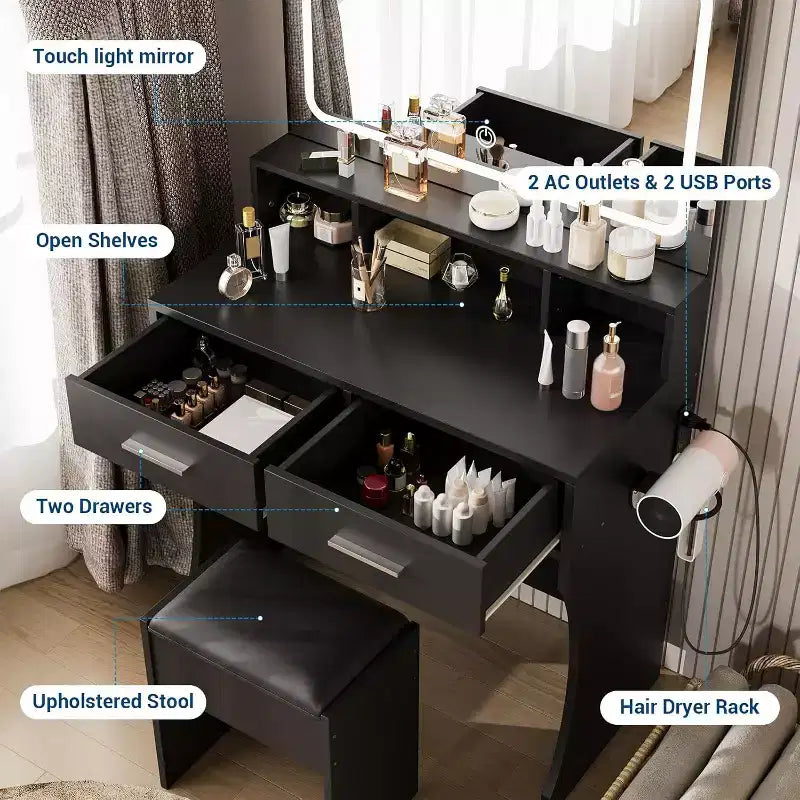 COZONY Toeletta Trucco con Specchio e Luci, Tavolo da Trucco per Ragazze con Cassetti, Scaffali Aperti e Sgabello Imbottito, Tavolino da Toeletta in Legno per Camera da Letto