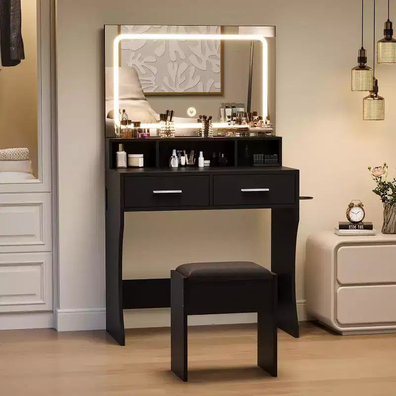 COZONY Toeletta Trucco con Specchio e Luci, Tavolo da Trucco per Ragazze con Cassetti, Scaffali Aperti e Sgabello Imbottito, Tavolino da Toeletta in Legno per Camera da Letto