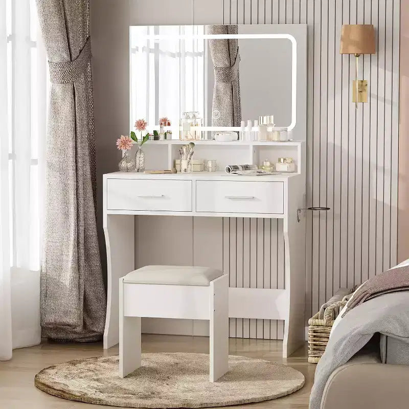 COZONY Toeletta Trucco con Specchio e Luci, Tavolo da Trucco per Ragazze con Cassetti, Scaffali Aperti e Sgabello Imbottito, Tavolino da Toeletta in Legno per Camera da Letto