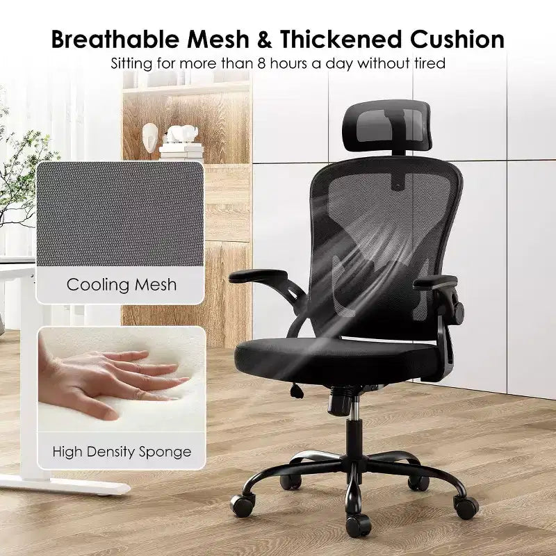 Sedia da scrivania Okak con ruote, sedia da ufficio con braccioli ribaltabili, poggiatesta e supporto lombare regolabili per ufficio, studio, sala lettura