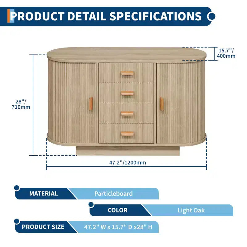 CuisinSmart 47 Credenza moderna scanalata a buffet con 4 cassetti, grande mobile buffet da fattoria con 2 ante scorrevoli ad arco - Mobile bar per sala da pranzo