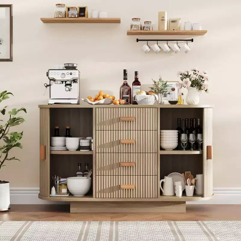 CuisinSmart 47 Credenza moderna scanalata a buffet con 4 cassetti, grande mobile buffet da fattoria con 2 ante scorrevoli ad arco - Mobile bar per sala da pranzo