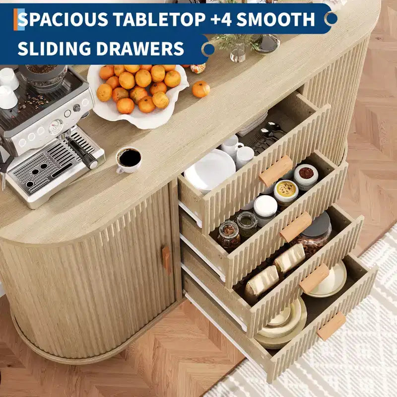 CuisinSmart 47 Credenza moderna scanalata a buffet con 4 cassetti, grande mobile buffet da fattoria con 2 ante scorrevoli ad arco - Mobile bar per sala da pranzo