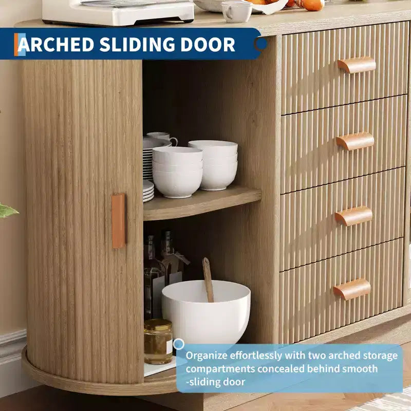 CuisinSmart 47 Credenza moderna scanalata a buffet con 4 cassetti, grande mobile buffet da fattoria con 2 ante scorrevoli ad arco - Mobile bar per sala da pranzo