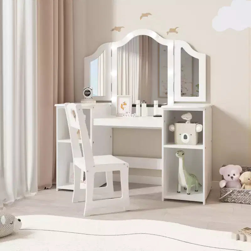 Set Tavolo e Sedia da Toilette per Bambini, Set Tavolo e Sedia da Trucco da Principessa, Specchio Tri-Pieghevole Staccabile, Tavolo da Trucco per Bambini in Legno, per Camera da Letto