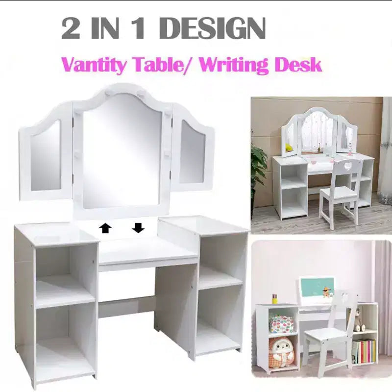 Set Tavolo e Sedia da Toilette per Bambini, Set Tavolo e Sedia da Trucco da Principessa, Specchio Tri-Pieghevole Staccabile, Tavolo da Trucco per Bambini in Legno, per Camera da Letto