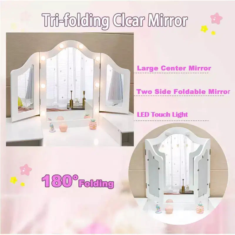 Set Tavolo e Sedia da Toilette per Bambini, Set Tavolo e Sedia da Trucco da Principessa, Specchio Tri-Pieghevole Staccabile, Tavolo da Trucco per Bambini in Legno, per Camera da Letto