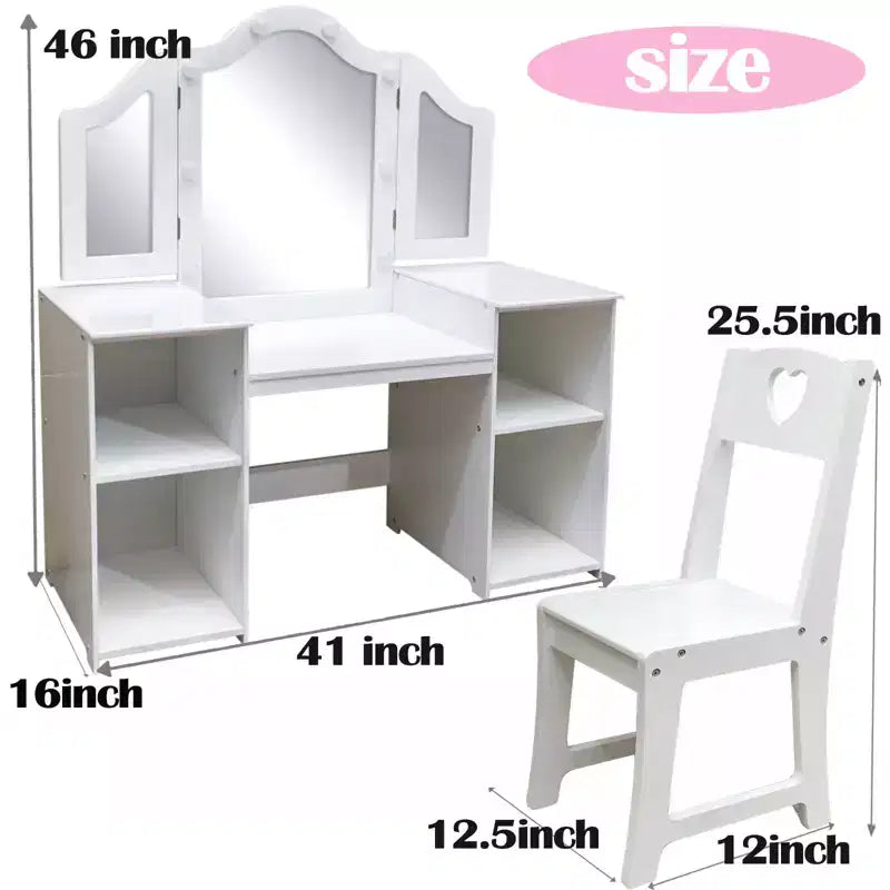 Set Tavolo e Sedia da Toilette per Bambini, Set Tavolo e Sedia da Trucco da Principessa, Specchio Tri-Pieghevole Staccabile, Tavolo da Trucco per Bambini in Legno, per Camera da Letto