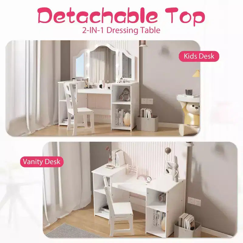 Set Tavolo e Sedia da Toilette per Bambini, Set Tavolo e Sedia da Trucco da Principessa, Specchio Tri-Pieghevole Staccabile, Tavolo da Trucco per Bambini in Legno, per Camera da Letto