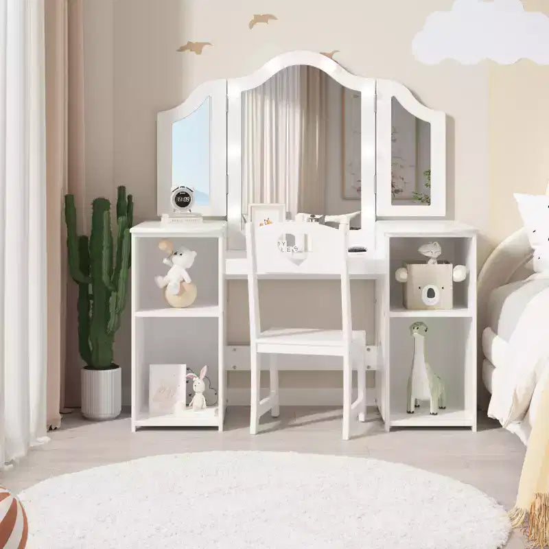 Set Tavolo e Sedia da Toilette per Bambini, Set Tavolo e Sedia da Trucco da Principessa, Specchio Tri-Pieghevole Staccabile, Tavolo da Trucco per Bambini in Legno, per Camera da Letto