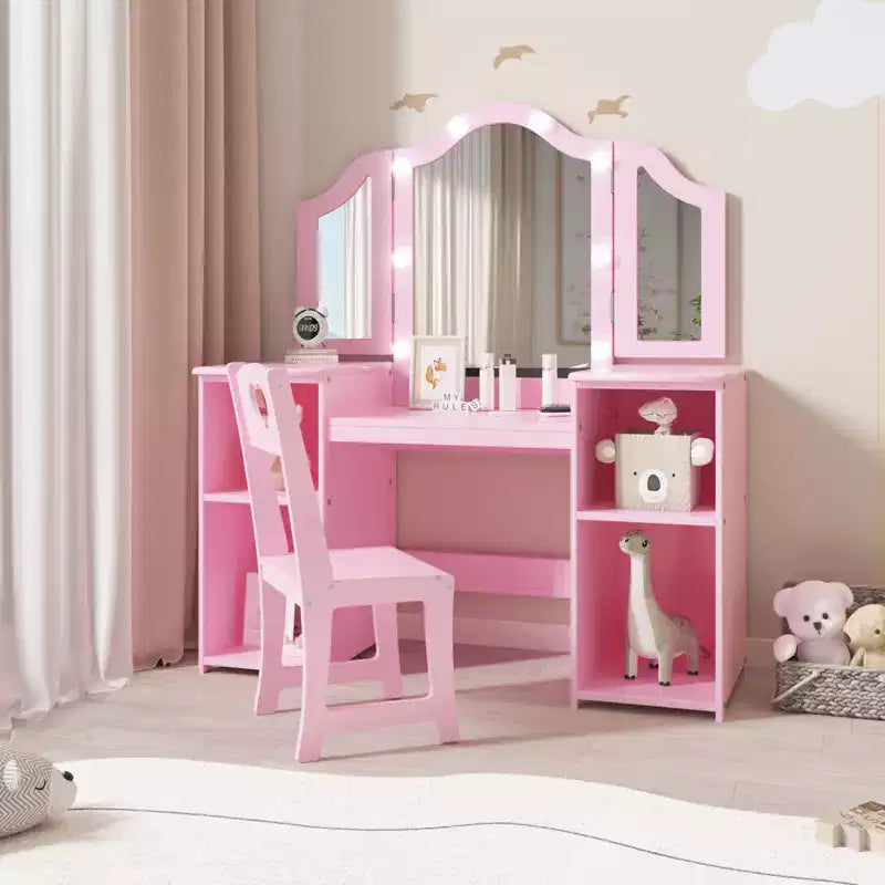 Set Tavolo e Sedia da Toilette per Bambini, Set Tavolo e Sedia da Trucco da Principessa, Specchio Tri-Pieghevole Staccabile, Tavolo da Trucco per Bambini in Legno, per Camera da Letto