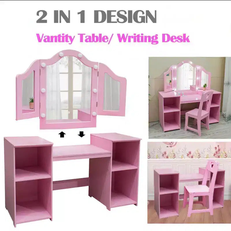 Set Tavolo e Sedia da Toilette per Bambini, Set Tavolo e Sedia da Trucco da Principessa, Specchio Tri-Pieghevole Staccabile, Tavolo da Trucco per Bambini in Legno, per Camera da Letto