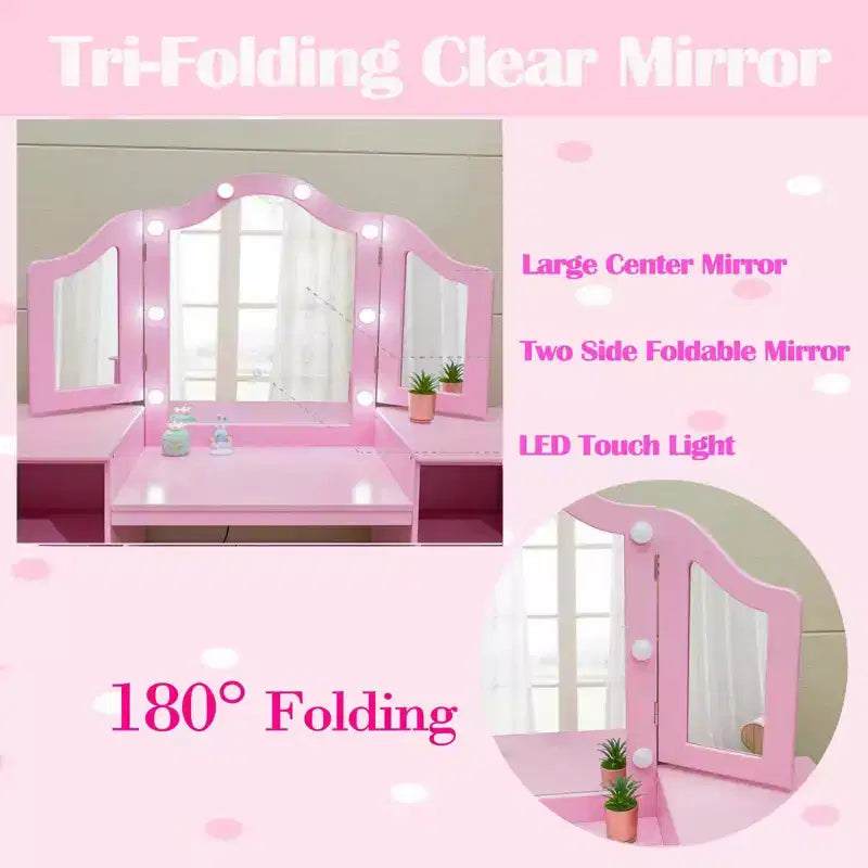 Set Tavolo e Sedia da Toilette per Bambini, Set Tavolo e Sedia da Trucco da Principessa, Specchio Tri-Pieghevole Staccabile, Tavolo da Trucco per Bambini in Legno, per Camera da Letto