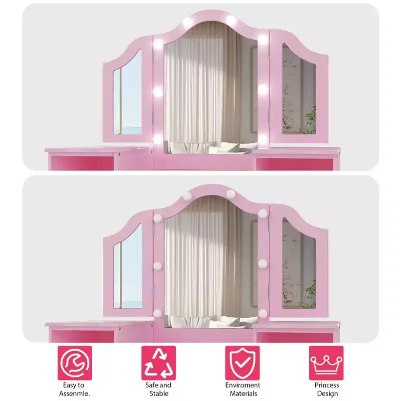 Set Tavolo e Sedia da Toilette per Bambini, Set Tavolo e Sedia da Trucco da Principessa, Specchio Tri-Pieghevole Staccabile, Tavolo da Trucco per Bambini in Legno, per Camera da Letto